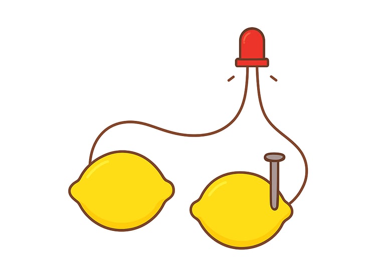 Lemon with coin and screws, connected by wires and a light bulb.