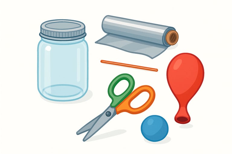 balloon, glass jar, scissors, copper wire, modeling clay, and aluminum foil