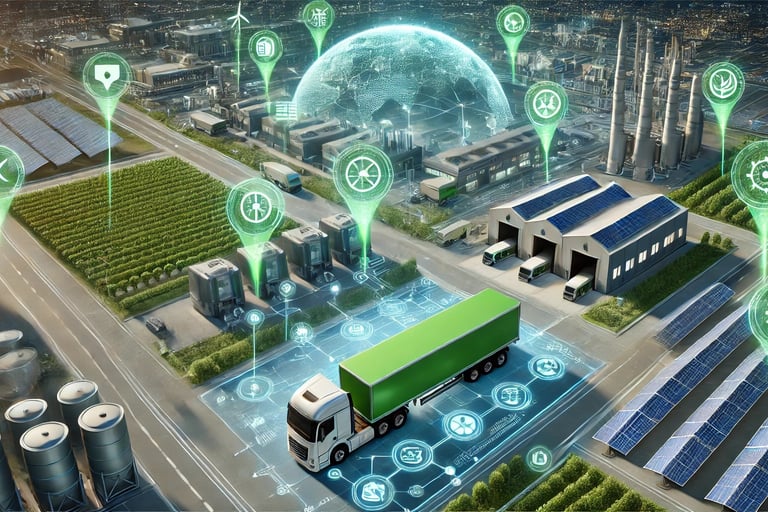 a truck driving through a city with a green light