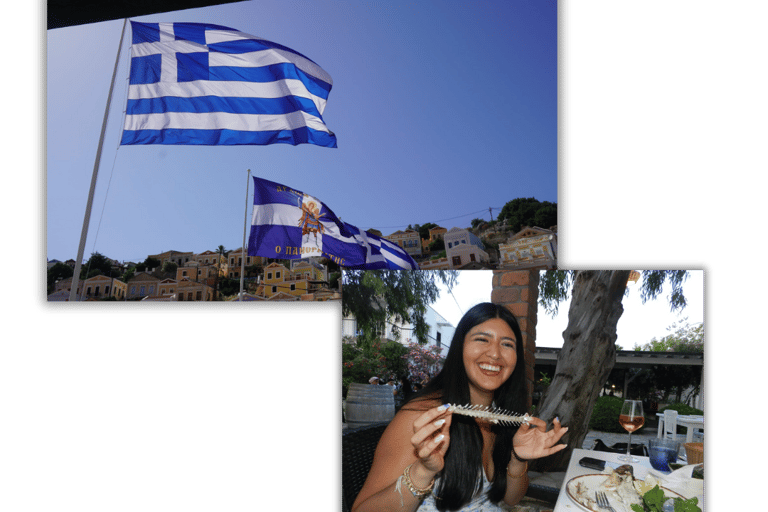 a woman is smiling and holding a plate of food. Greece Flag when visiting different places to travel