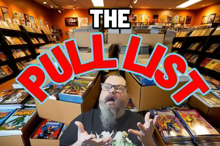 The Pull List logo a man with a beard and a beard in a room full of comic books