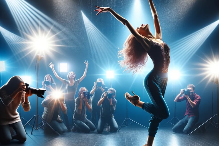 beautiful female dancer that is being put onto the spotlight with photographers surrounding her