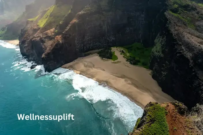 Scenic view of ocean waves crashing on a sandy beach, representing the tranquility of nature for wel