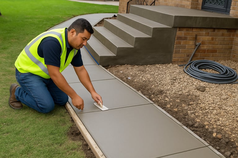 man on his kneed finishing concrete sidewalk 