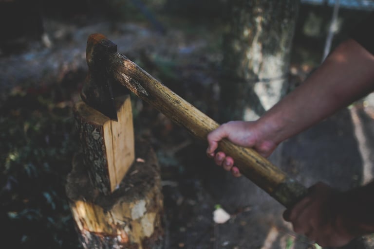 A mountain man chopping firewood in a manly fashion.