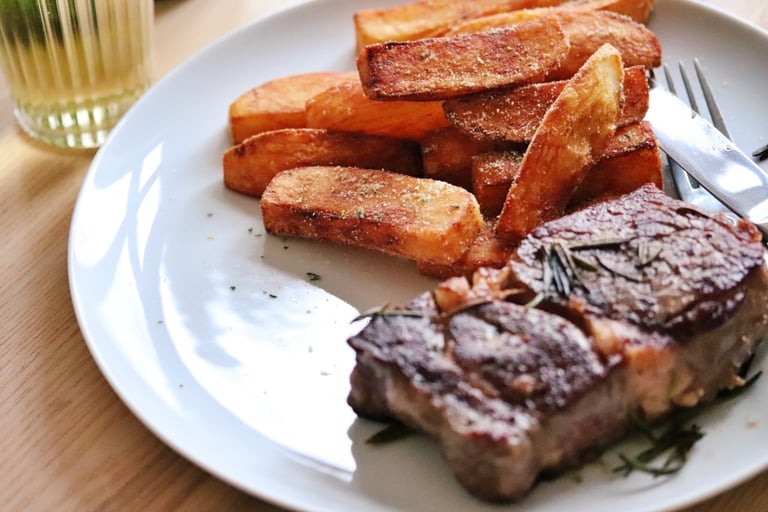 Twice Fried Chips with Rosemary Salt with steak