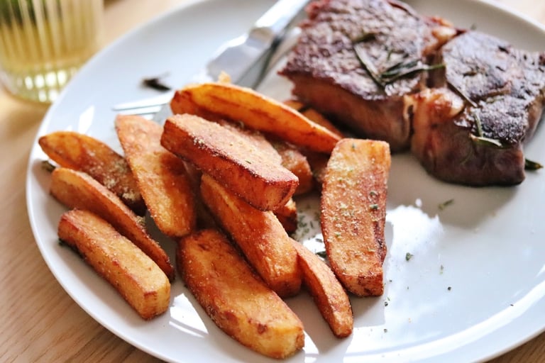 Twice Fried Chips with Rosemary Salt with steak