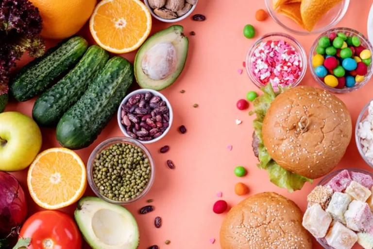 Mesa onde tem frutas e verduras e ao lado doces e pão