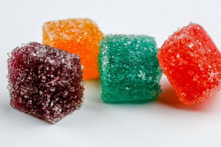 Four colorful fruit flavored sugar coated gummy candy cubes on a white background.