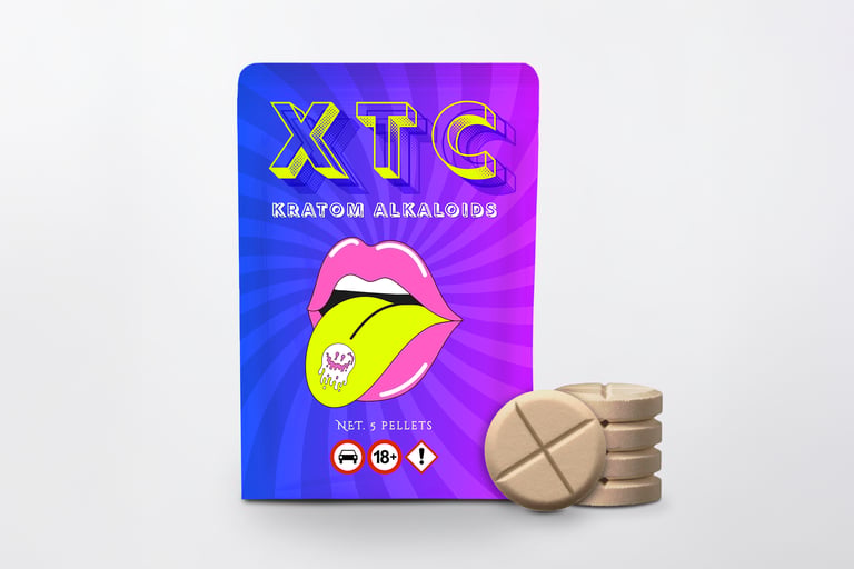 XTC Kratom Alkaloids 5-count tablet pack with tan kratom extract pellets on a white background.