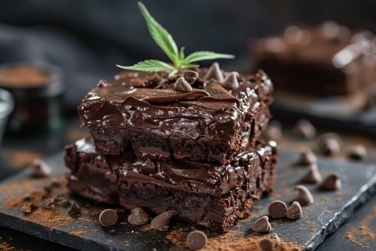 Stacked dark chocolate cannabis brownies with fudge frosting and a marijuana leaf garnish.