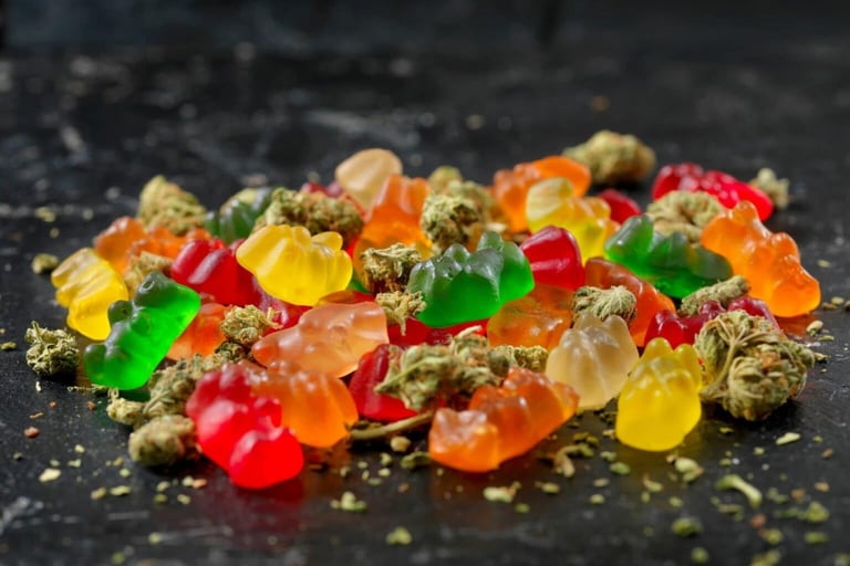 A colorful pile of THC gummy bears and dried cannabis flower buds on a dark textured surface.