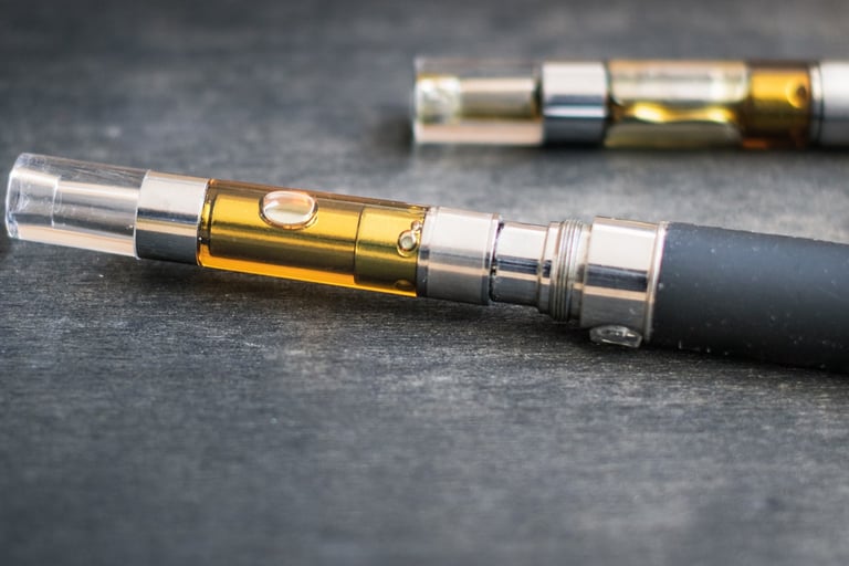 A close-up of a vape pen battery attached to a clear oil cartridge filled with amber cannabis distillate.
