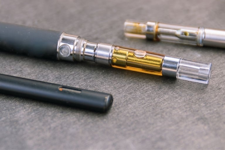 A collection of electronic vape pens and THC oil cartridges on a gray wooden surface.