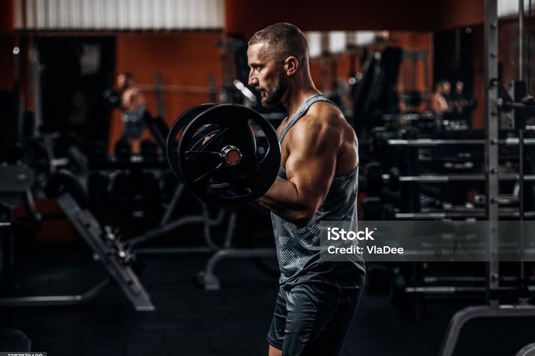 a man doing a barbell exercise in a gym