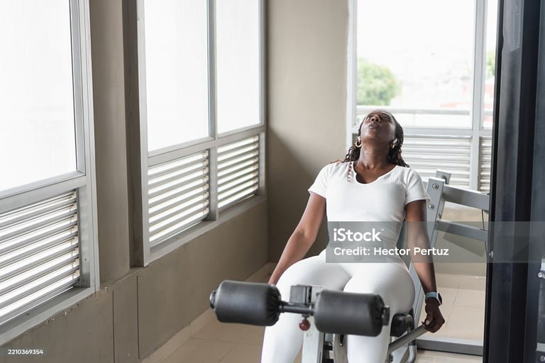 a woman sitting on a bench in a gym