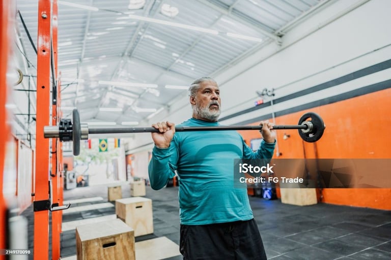 a man in a blue shirt is holding a barbell