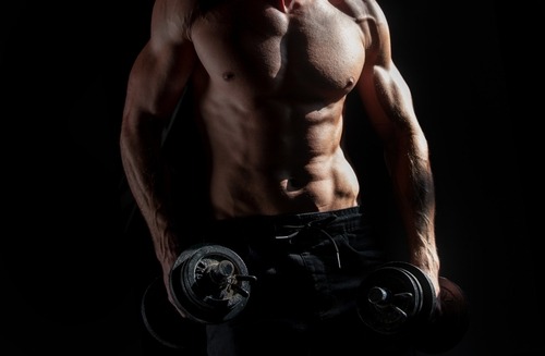 Muscular man with defined abdominal muscles holding heavy dumbbells for strength training.
