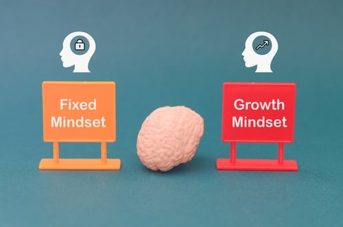 A human brain model placed between fixed mindset and growth mindset signs for psychological development.