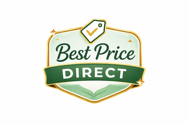 Golden and green Best Price Direct badge featuring a price tag icon and sparkling accents.