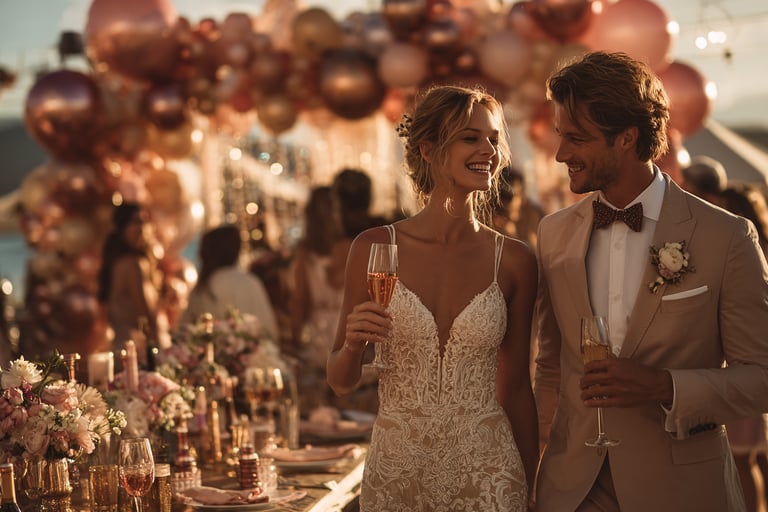 A joyful couple, in elegant wedding attire, smiles and toasts with champagne. 