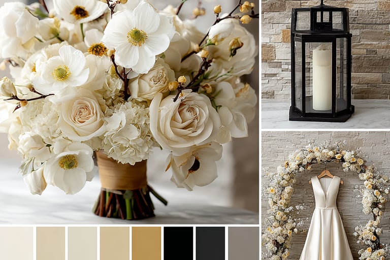 Elegant wedding theme with ivory floral bouquet, a cream-colored wedding dress, and black lantern 