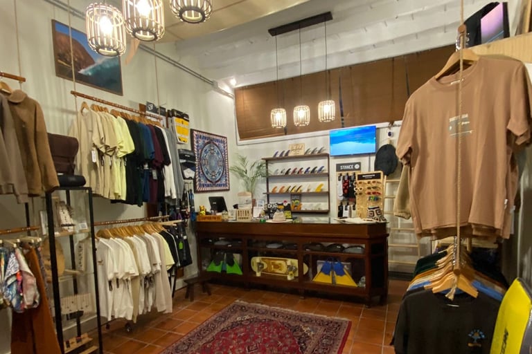 Surf shop and clothing store with a variety of clothes and accessories
