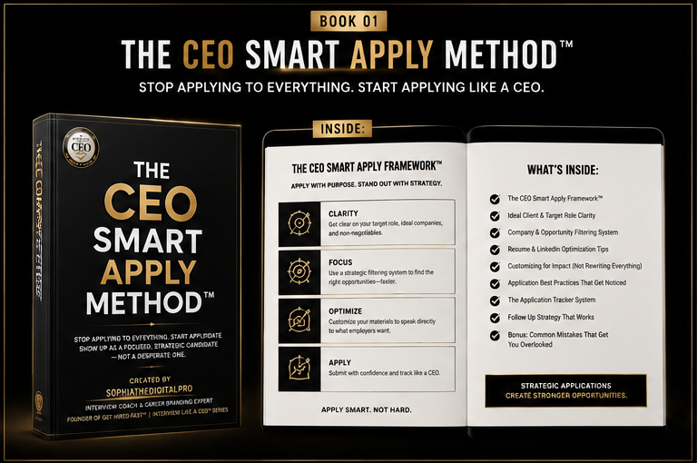 The CEO Smart Apply Method book cover and table of contents outlining job search strategies for career growth.
