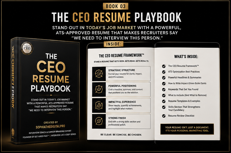 The CEO Resume Playbook book cover and inside pages showing ATS-approved resume writing strategies and frameworks.