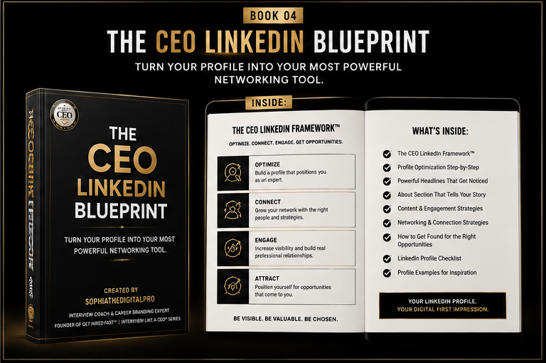 The CEO LinkedIn Blueprint book cover and interior pages detailing profile optimization and networking strategies.