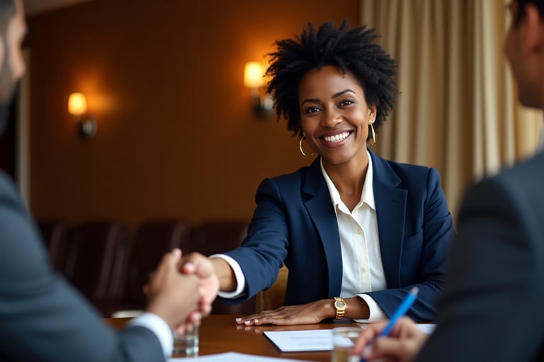 “Black woman interviewing confidently at a table, demonstrating CEO-level presence for the Interview