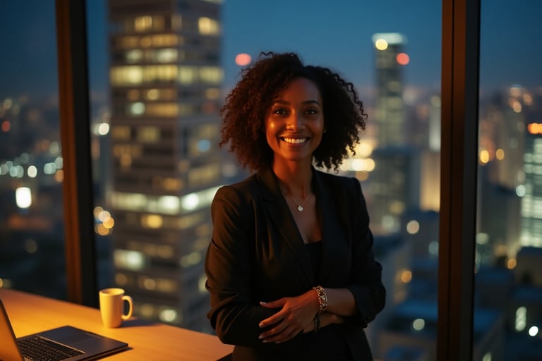 a woman in a black jacket and a laptop