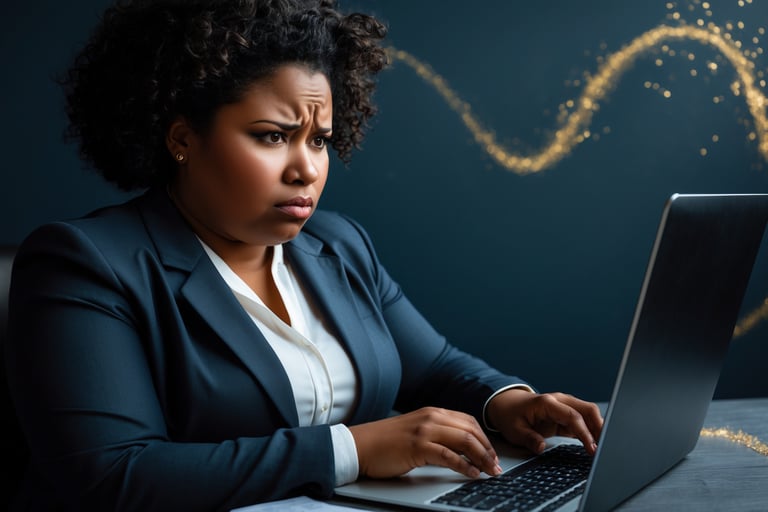 a plus size black woman in a suit and tie is sitting at a desk