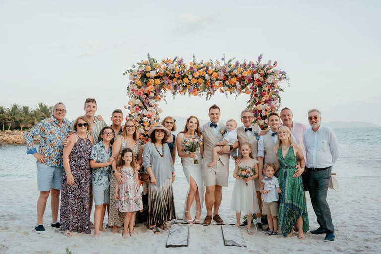 a family posing for a photo on the beach