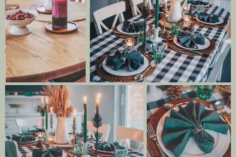 collage of fall kitchen dining table in teal and wine colors. 