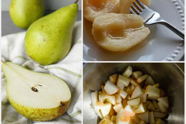 a collage of canned pears on a white plate , a picture of pears on a linen cloth and one of them is cut in half