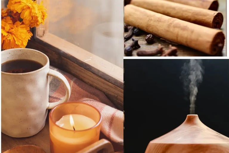 a collage of fall scented items, candle, cinnamon and cloves, diffuser used for essential oils