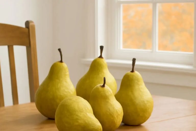 Five ripe Bartlett pears on a wooden kitchen table, with soft autumn light streaming through a window and fall foliage