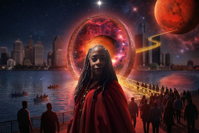 Afrofuturism art of a woman in a red cloak against a surreal Detroit skyline with cosmic portals.
