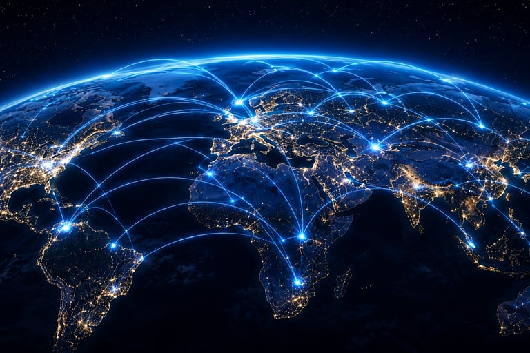Global business communications network illustrating telecommunications connectivity