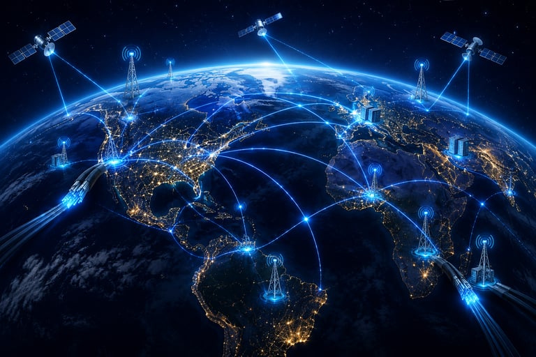 Global telecommunications network connecting voice, data, fiber optic and satellite communications