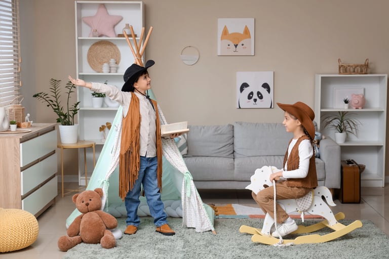 Enfant de 5 ans plongé dans un livre personnalisé sur les cowboys