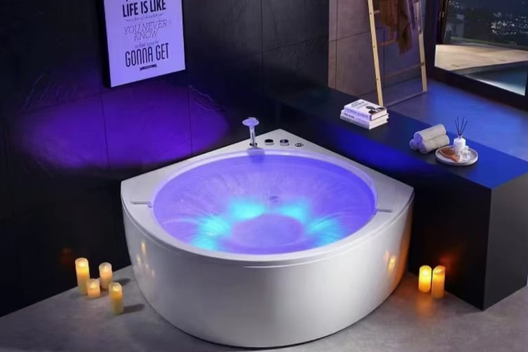 a bathtub with candles and candles on a table