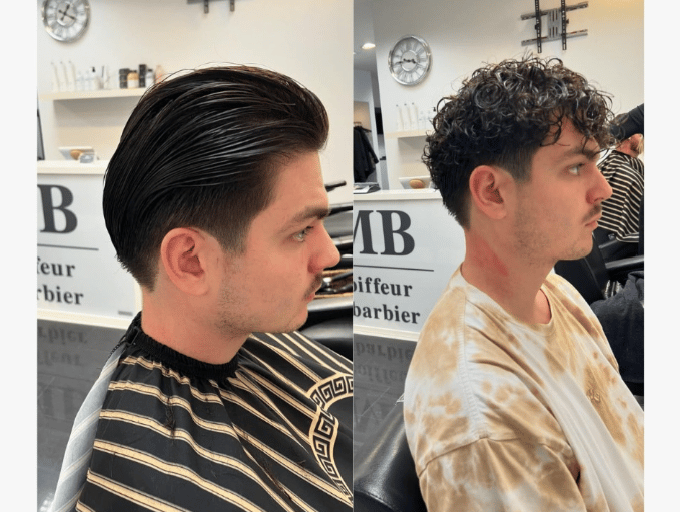 Ein Mann ohne Locken und mit Locken nach einer Dauerwelle