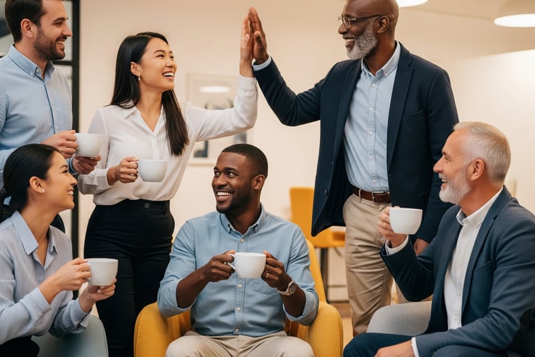 a group of people sitting around a table with coffee cups