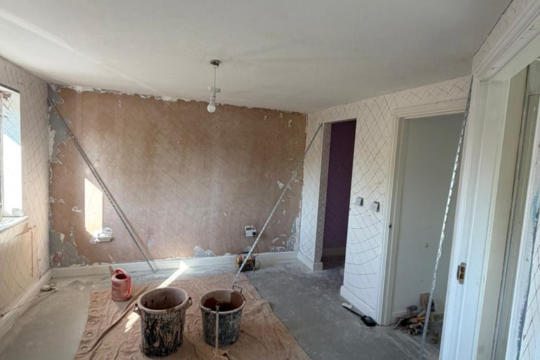 Materials ready to start. Metal beading for window and door edges. Multifinish plaster for walls.