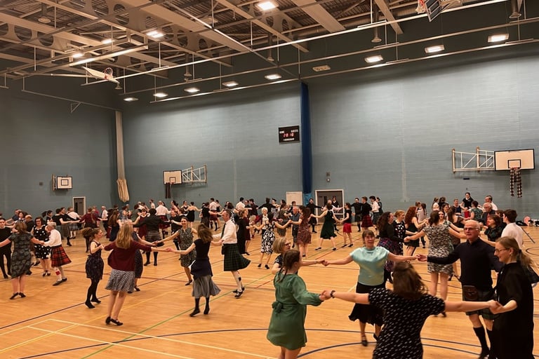 Dancers in a gymnasium, dancing circles