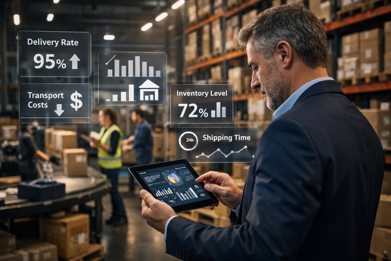 Gestor analisa KPIs logísticos em centro de distribuição com equipe ativa plena