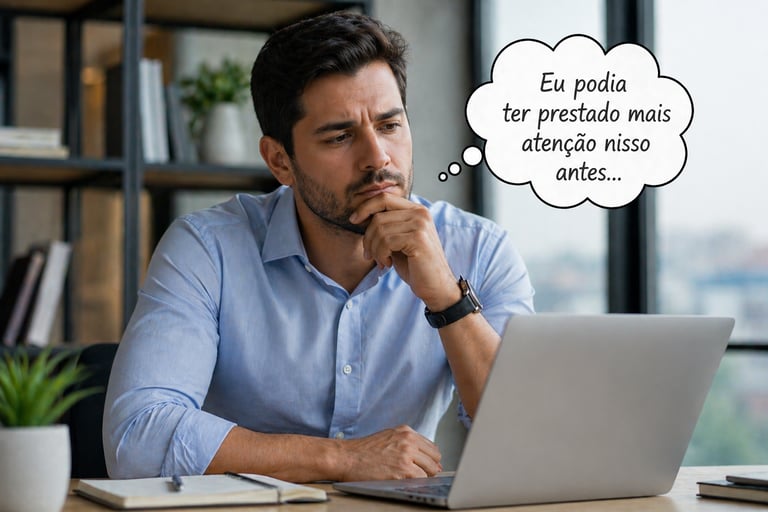 “Profissional refletindo no trabalho sobre decisão importante”