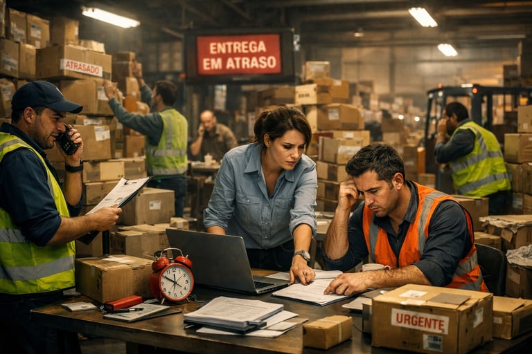 Equipe logística enfrentando atrasos e desorganização no centro de distribuição
